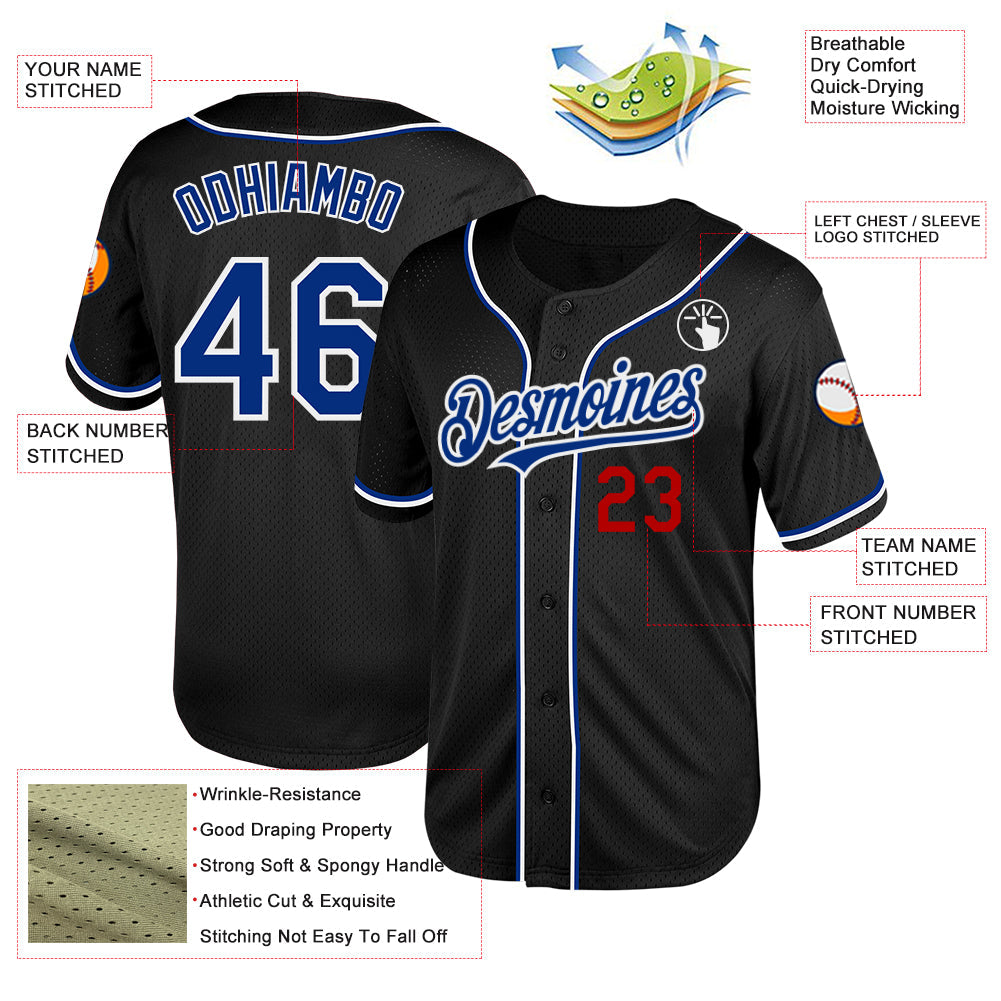 Custom Black Royal-Red Mesh Authentic Throwback Baseball Jersey - Sky-Custom