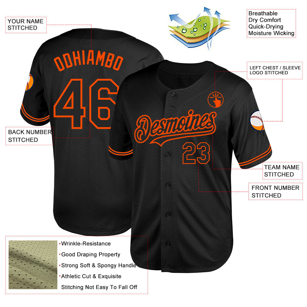 Custom Black Orange Mesh Authentic Throwback Baseball Jersey - Sky-Custom
