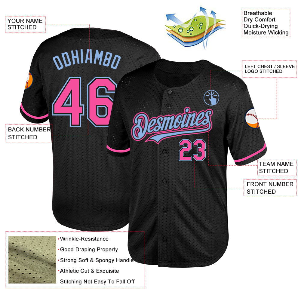 Custom Black Pink-Light Blue Mesh Authentic Throwback Baseball Jersey - Sky-Custom