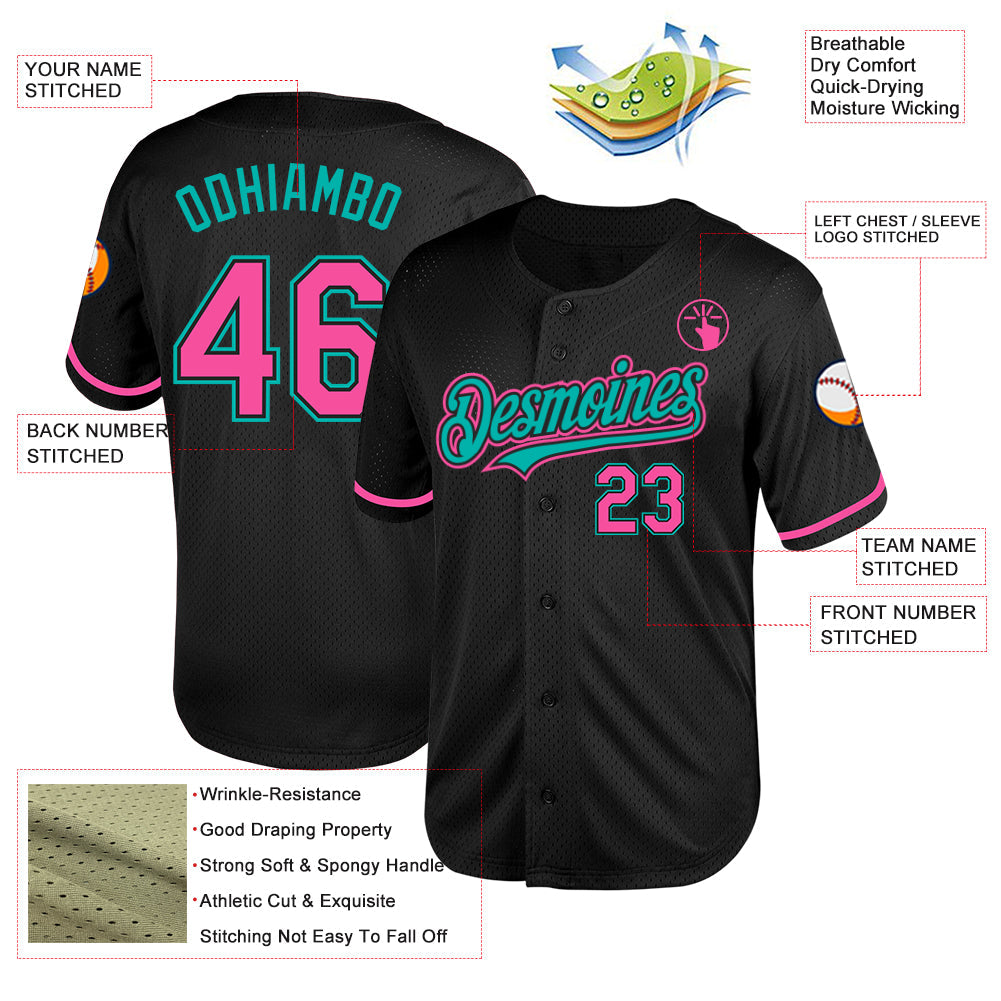 Custom Black Pink-Aqua Mesh Authentic Throwback Baseball Jersey - Sky-Custom