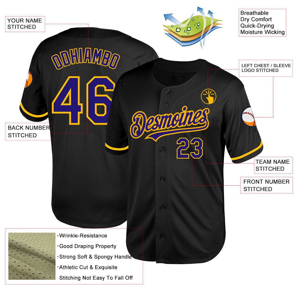 Custom Black Dark Purple-Gold Mesh Authentic Throwback Baseball Jersey - Sky-Custom