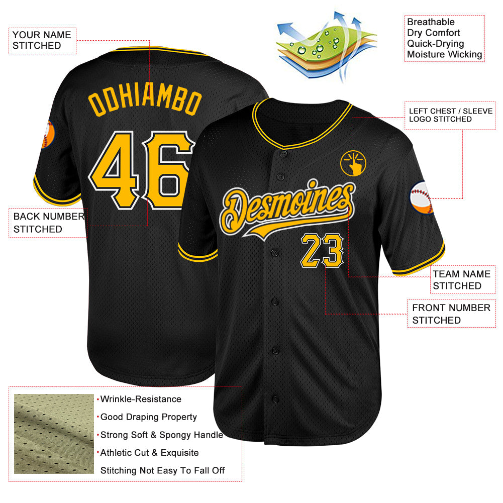 Custom Black Gold-White Mesh Authentic Throwback Baseball Jersey - Sky-Custom
