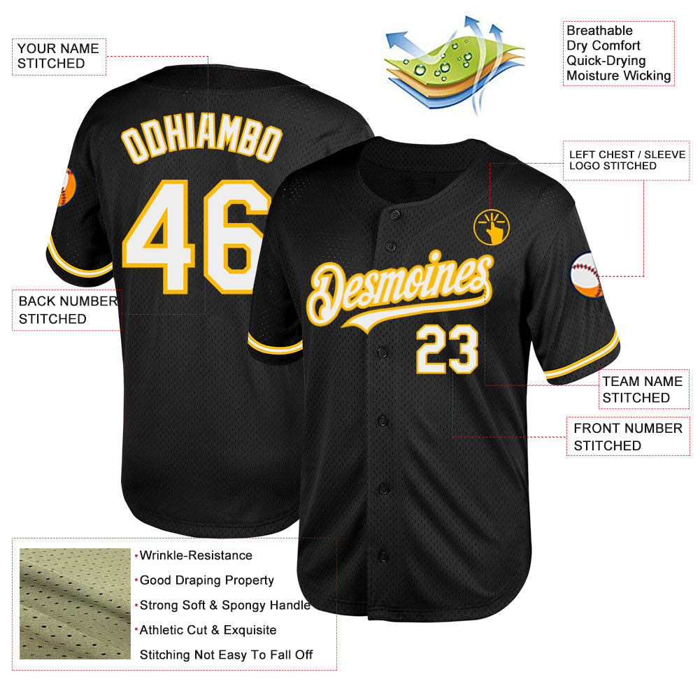 Custom Black White-Gold Mesh Authentic Throwback Baseball Jersey - Sky-Custom