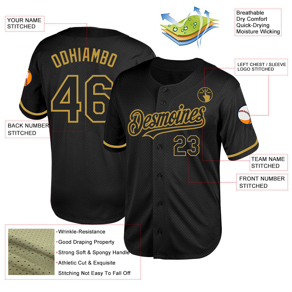 Custom Black Old Gold Mesh Authentic Throwback Baseball Jersey - Sky-Custom