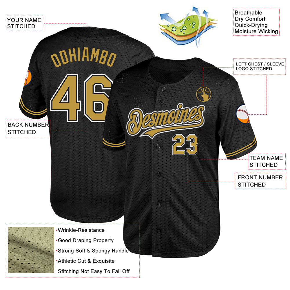 Custom Black Old Gold-White Mesh Authentic Throwback Baseball Jersey - Sky-Custom
