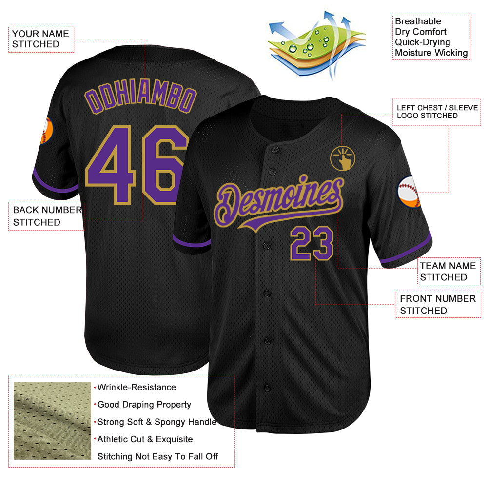 Custom Black Purple-Old Gold Mesh Authentic Throwback Baseball Jersey - Sky-Custom