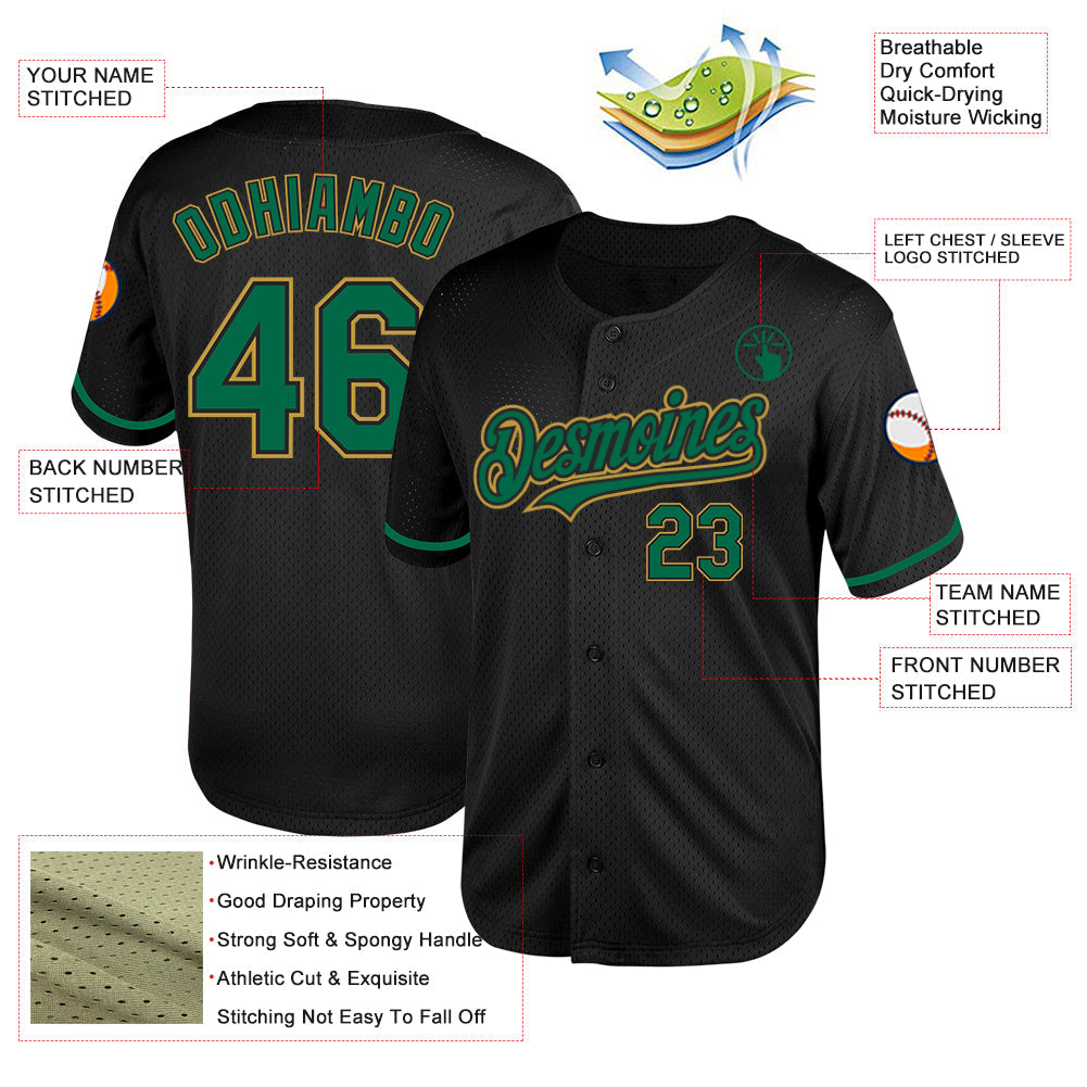 Custom Black Kelly Green-Old Gold Mesh Authentic Throwback Baseball Jersey - Sky-Custom