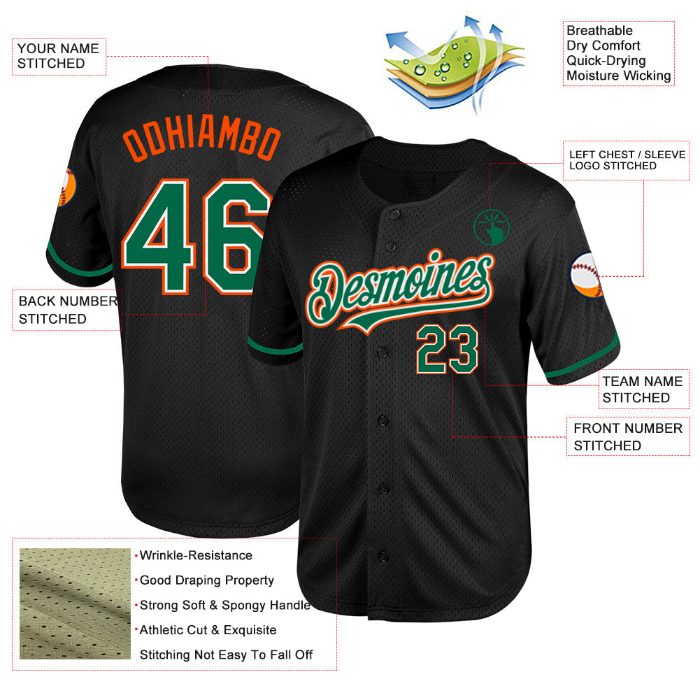 Custom Black Kelly Green-Orange Mesh Authentic Throwback Baseball Jersey - Sky-Custom