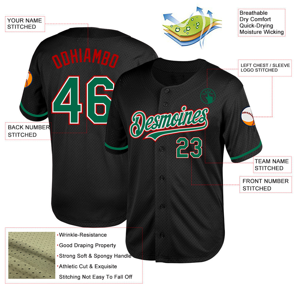 Custom Black Kelly Green-Red Mesh Authentic Throwback Baseball Jersey - Sky-Custom