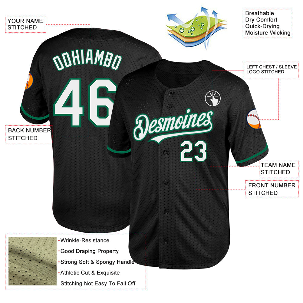 Custom Black White-Kelly Green Mesh Authentic Throwback Baseball Jersey - Sky-Custom