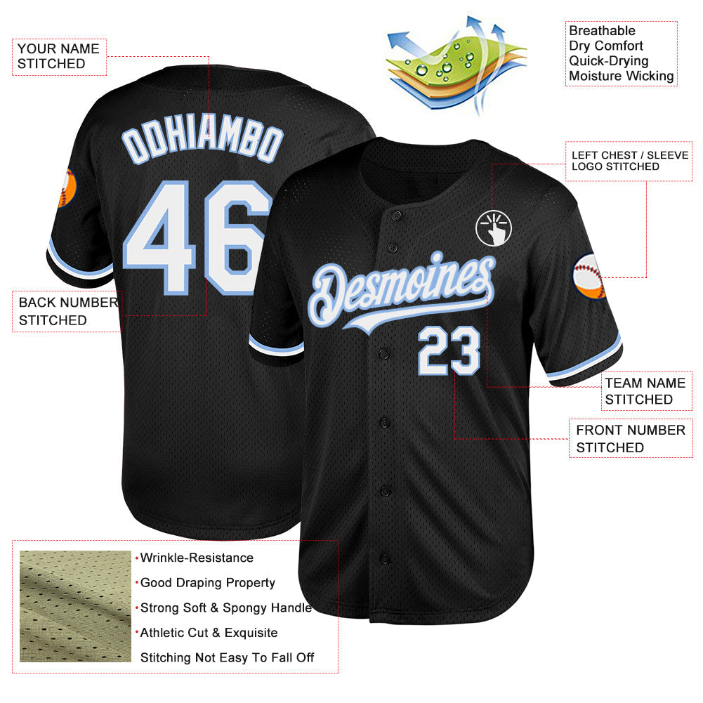 Custom Black White-Light Blue Mesh Authentic Throwback Baseball Jersey - Sky-Custom