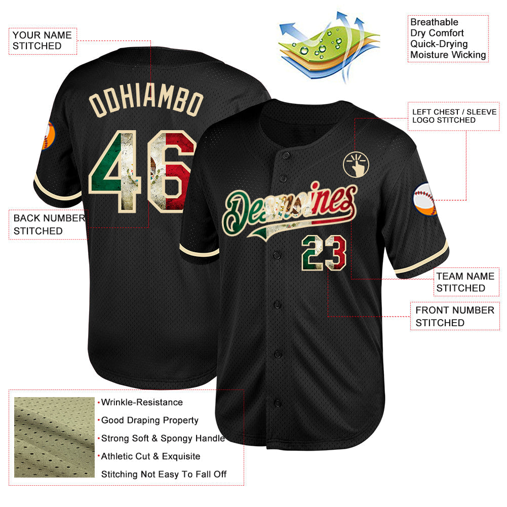 Custom Black Vintage Mexican Flag-Cream Mesh Authentic Throwback Baseball Jersey - Sky-Custom