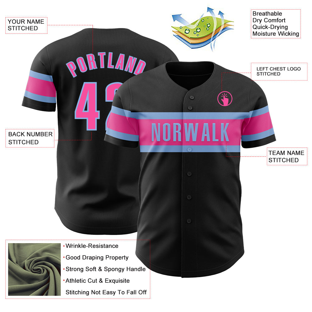 Custom Black Pink-Light Blue Authentic Baseball Jersey - Sky-Custom