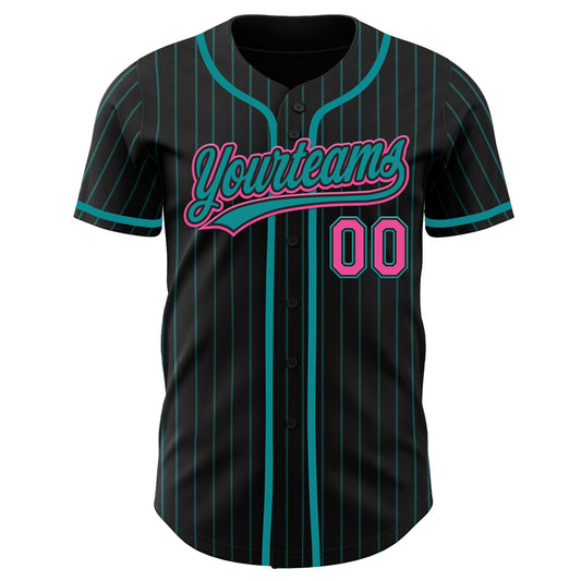 Custom Black Teal Pinstripe Pink Authentic Baseball Jersey - Sky-Custom