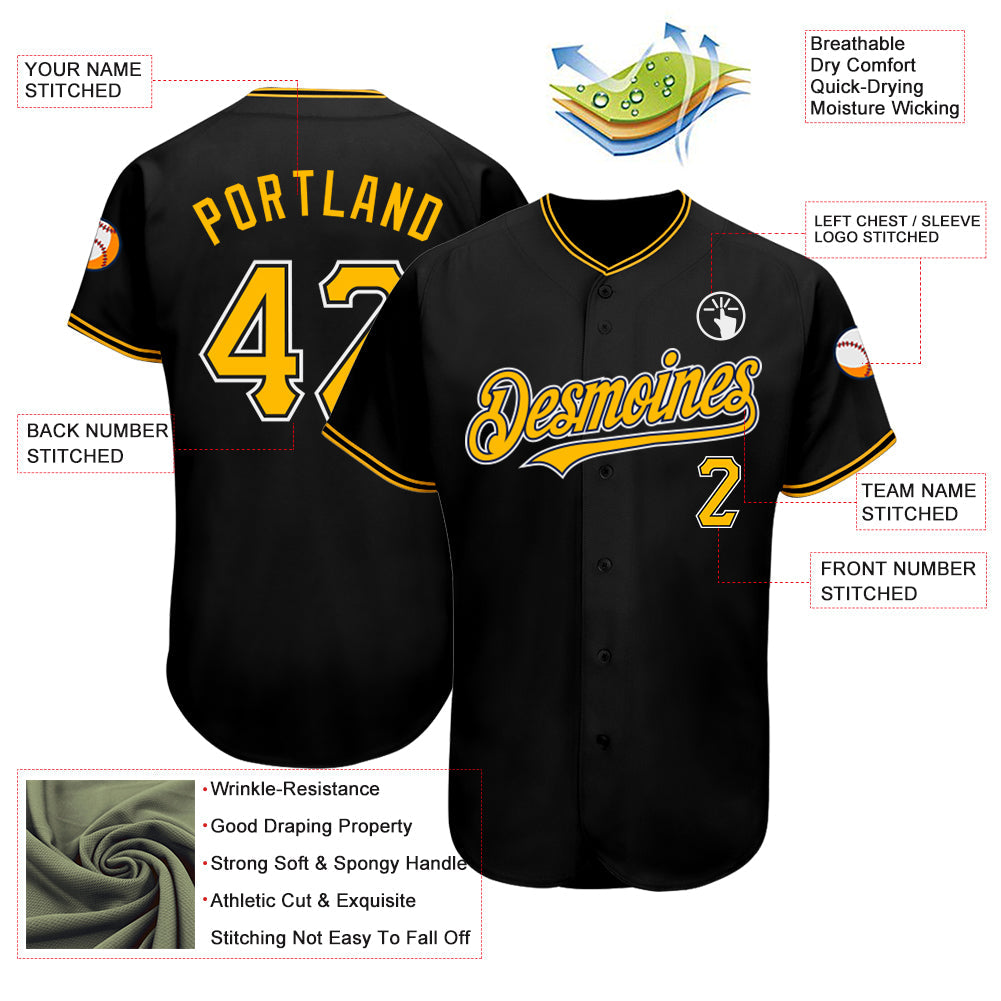 Custom Black Gold-White Authentic Baseball Jersey - Sky-Custom