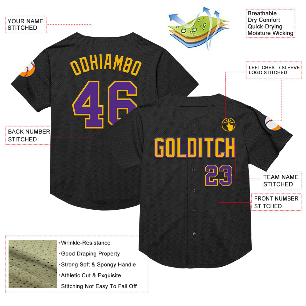 Custom Black Purple-Gold Mesh Authentic Throwback Baseball Jersey - Sky-Custom