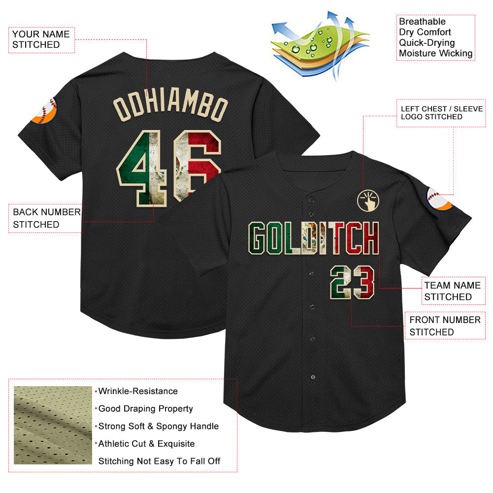 Custom Black Vintage Mexican Flag-Cream Mesh Authentic Throwback Baseball Jersey - Sky-Custom