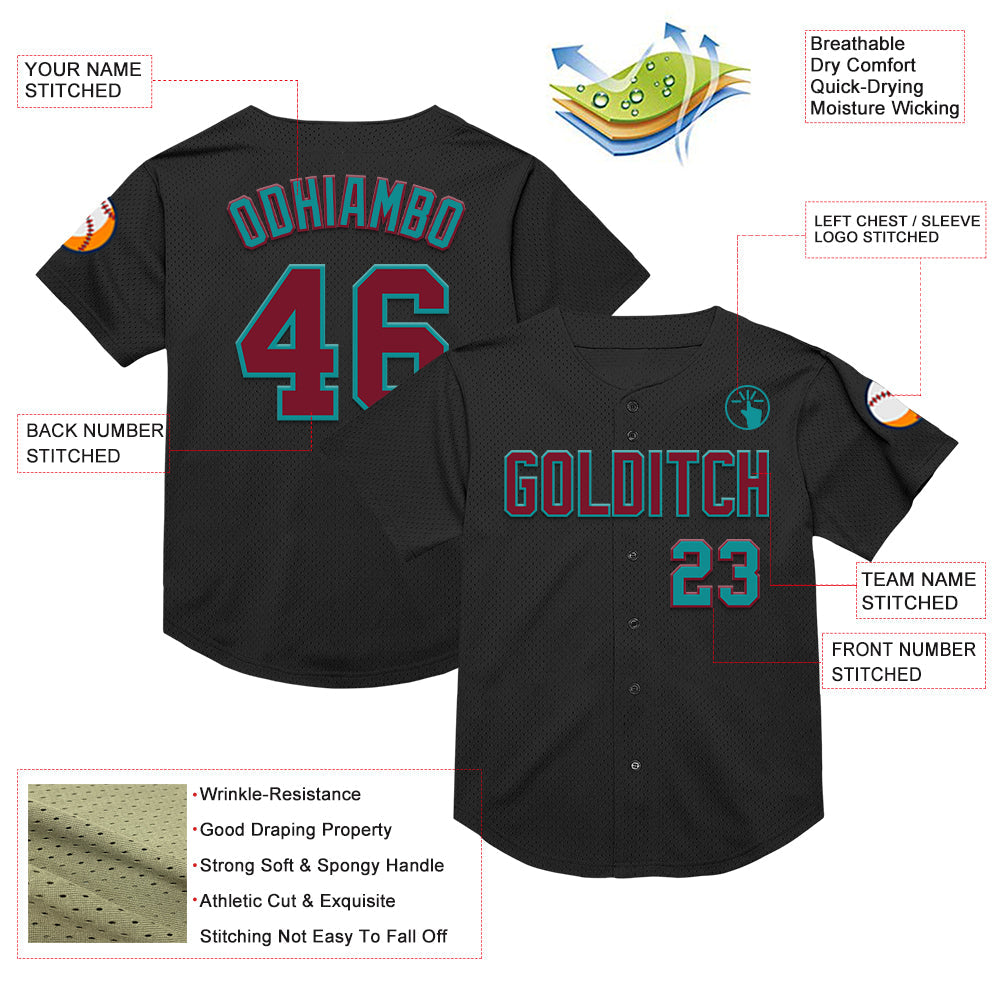 Custom Black Crimson-Teal Mesh Authentic Throwback Baseball Jersey - Sky-Custom