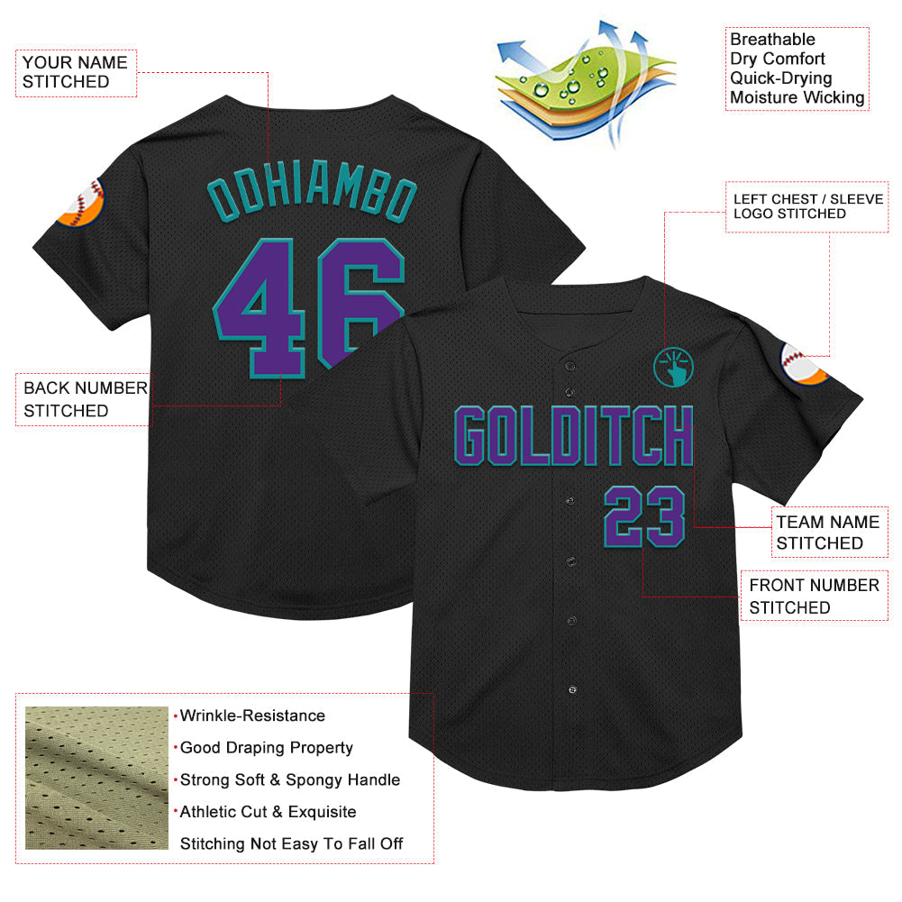 Custom Black Purple-Teal Mesh Authentic Throwback Baseball Jersey - Sky-Custom