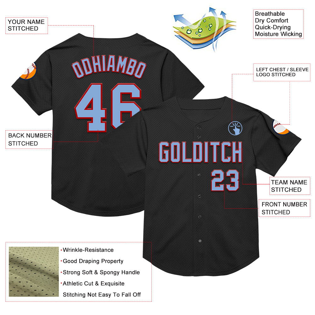 Custom Black Light Blue-Red Mesh Authentic Throwback Baseball Jersey - Sky-Custom