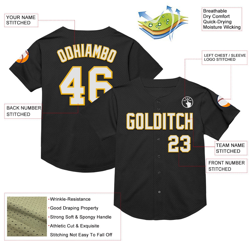 Custom Black White-Gold Mesh Authentic Throwback Baseball Jersey - Sky-Custom