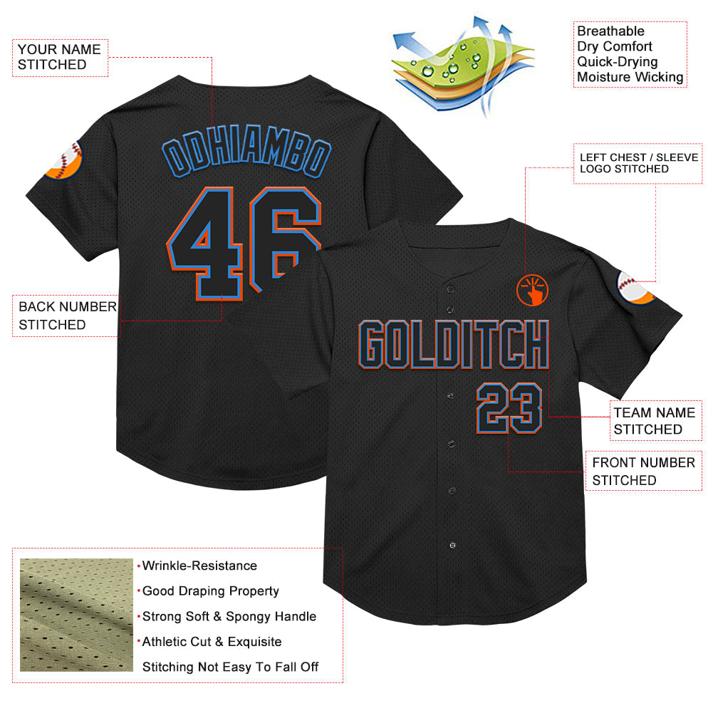 Custom Black Electric Blue-Orange Mesh Authentic Throwback Baseball Jersey - Sky-Custom