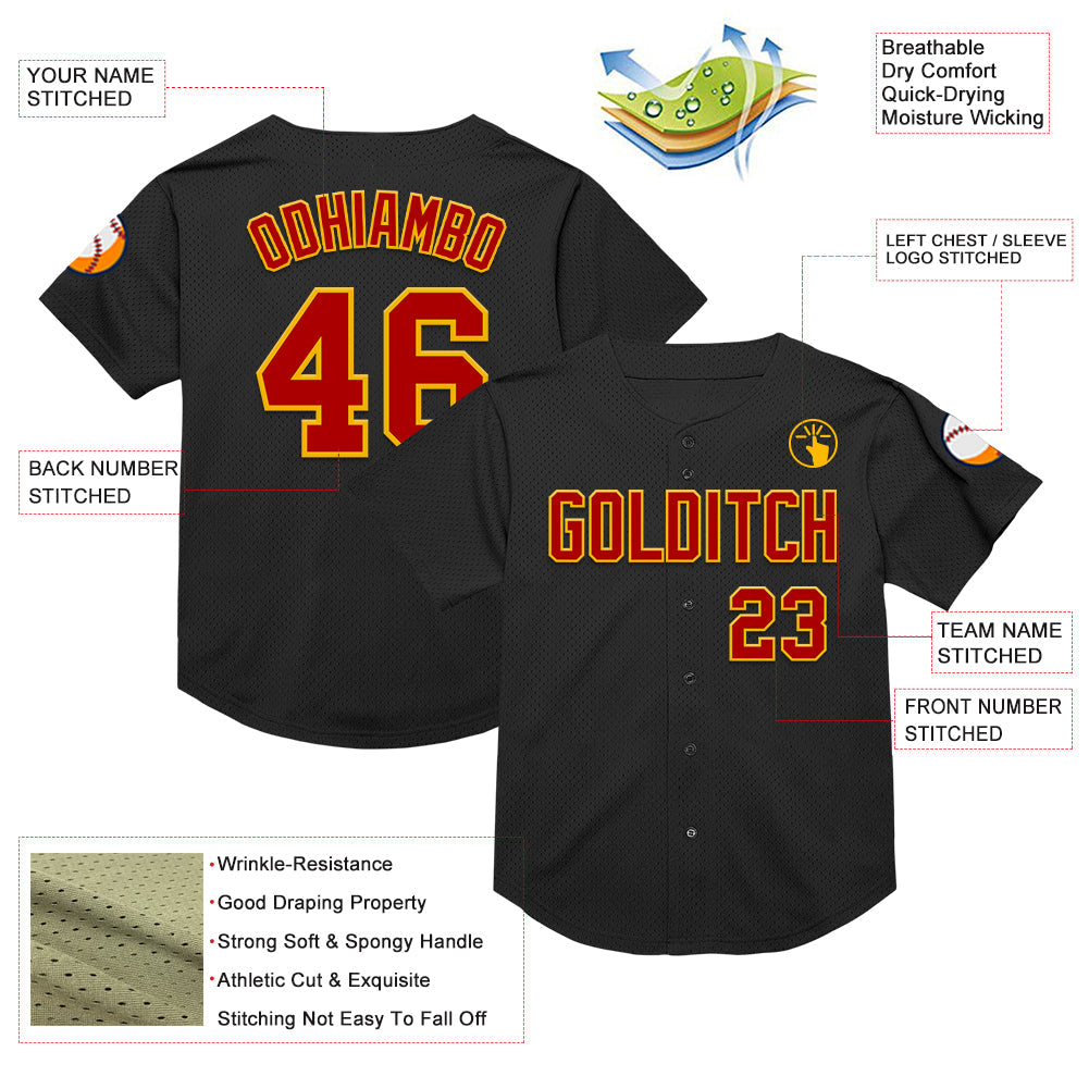 Custom Black Red-Gold Mesh Authentic Throwback Baseball Jersey - Sky-Custom