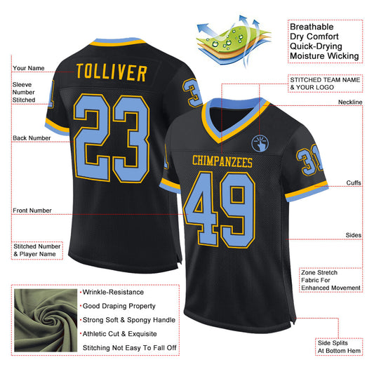 Custom Black Light Blue-Gold Mesh Authentic Throwback Football Jersey - Sky-Custom