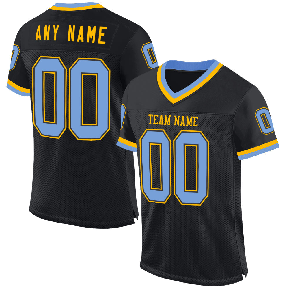 Custom Black Light Blue-Gold Mesh Authentic Throwback Football Jersey - Sky-Custom