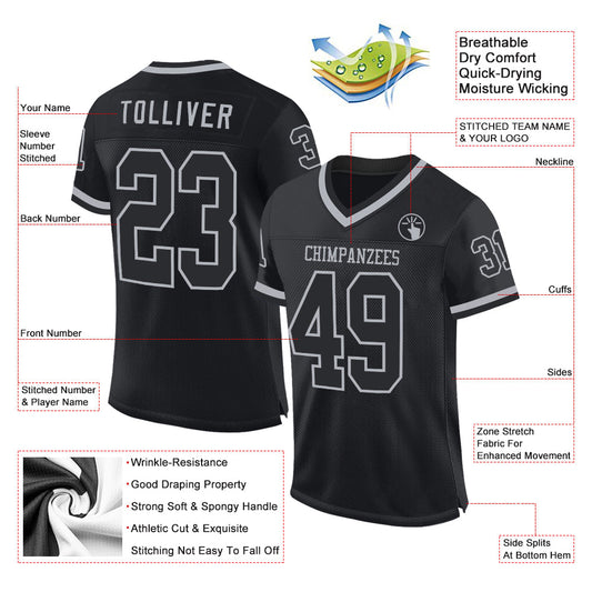 Custom Black Gray Mesh Authentic Throwback Football Jersey - Sky-Custom