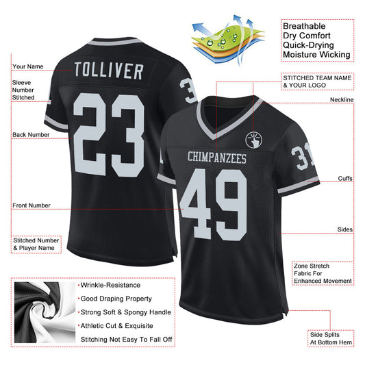 Custom Black Silver-Gray Mesh Authentic Throwback Football Jersey - Sky-Custom