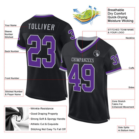 Custom Black Purple-Gray Mesh Authentic Throwback Football Jersey - Sky-Custom