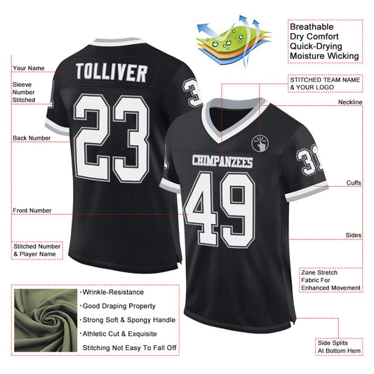 Custom Black White-Gray Mesh Authentic Throwback Football Jersey - Sky-Custom