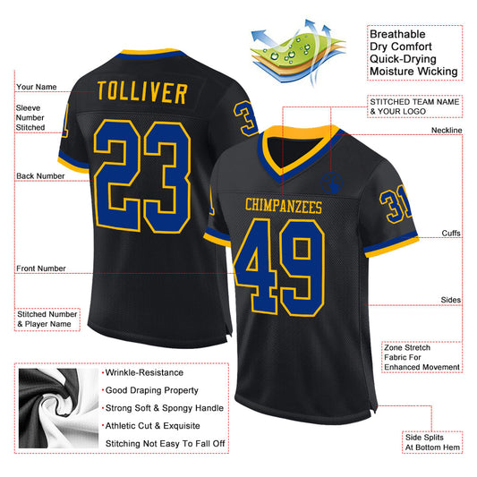 Custom Black Royal-Gold Mesh Authentic Throwback Football Jersey - Sky-Custom
