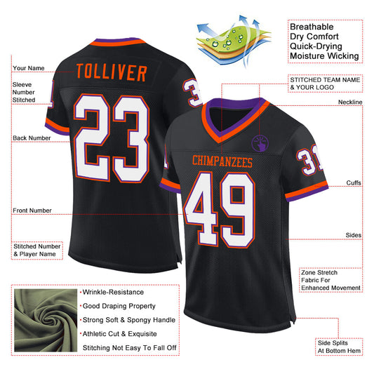 Custom Black Purple-Orange Mesh Authentic Throwback Football Jersey - Sky-Custom