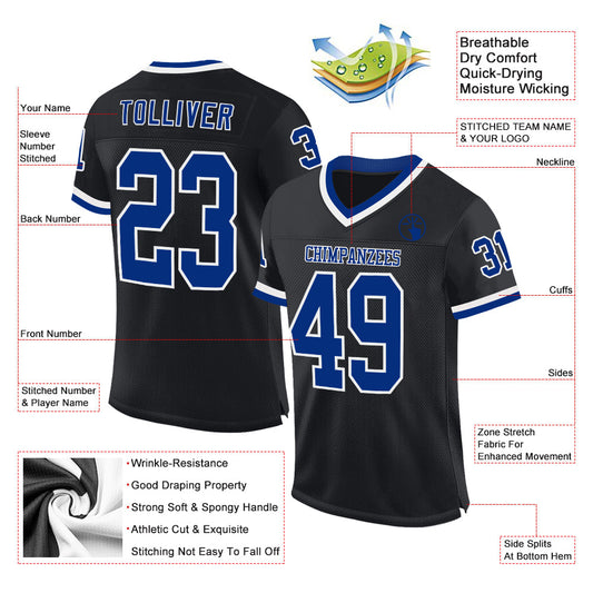 Custom Black Royal-White Mesh Authentic Throwback Football Jersey - Sky-Custom
