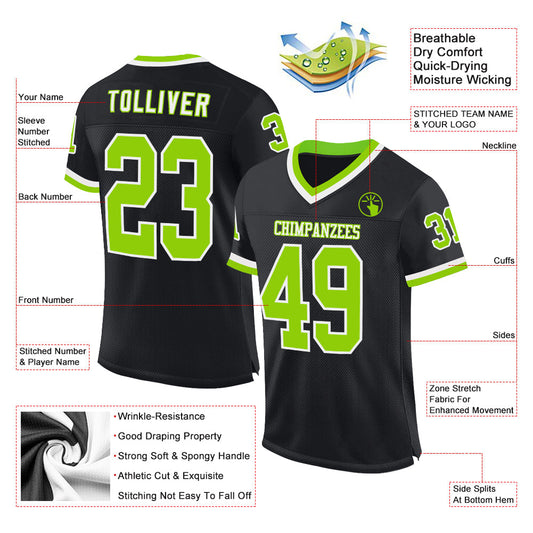Custom Black Neon Green-White Mesh Authentic Throwback Football Jersey - Sky-Custom