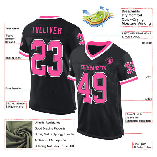 Custom Black Pink-White Mesh Authentic Throwback Football Jersey - Sky-Custom