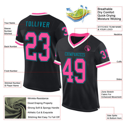 Custom Black Pink-Teal Mesh Authentic Throwback Football Jersey - Sky-Custom