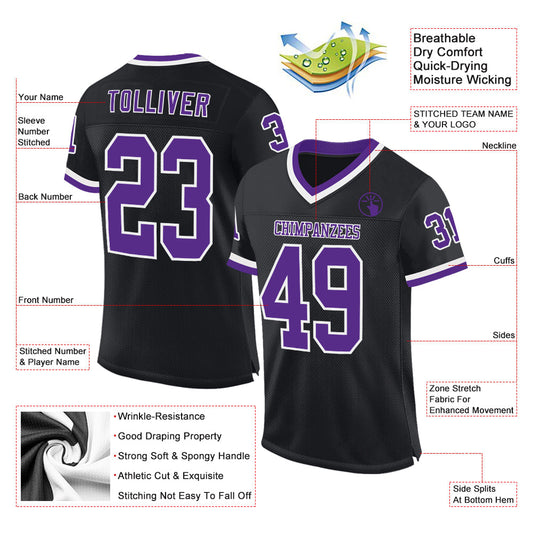 Custom Black Purple-White Mesh Authentic Throwback Football Jersey - Sky-Custom