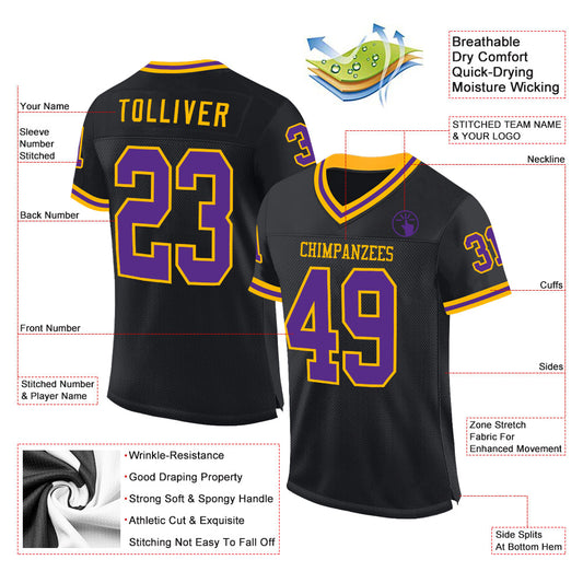Custom Black Purple-Gold Mesh Authentic Throwback Football Jersey - Sky-Custom