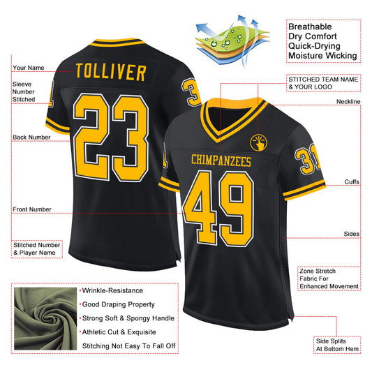 Custom Black Gold-White Mesh Authentic Throwback Football Jersey - Sky-Custom
