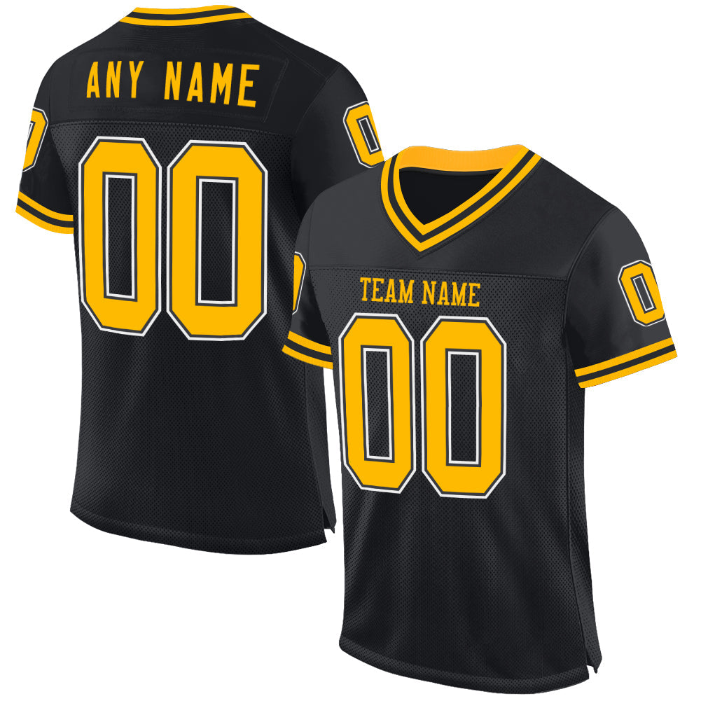 Custom Black Gold-White Mesh Authentic Throwback Football Jersey - Sky-Custom