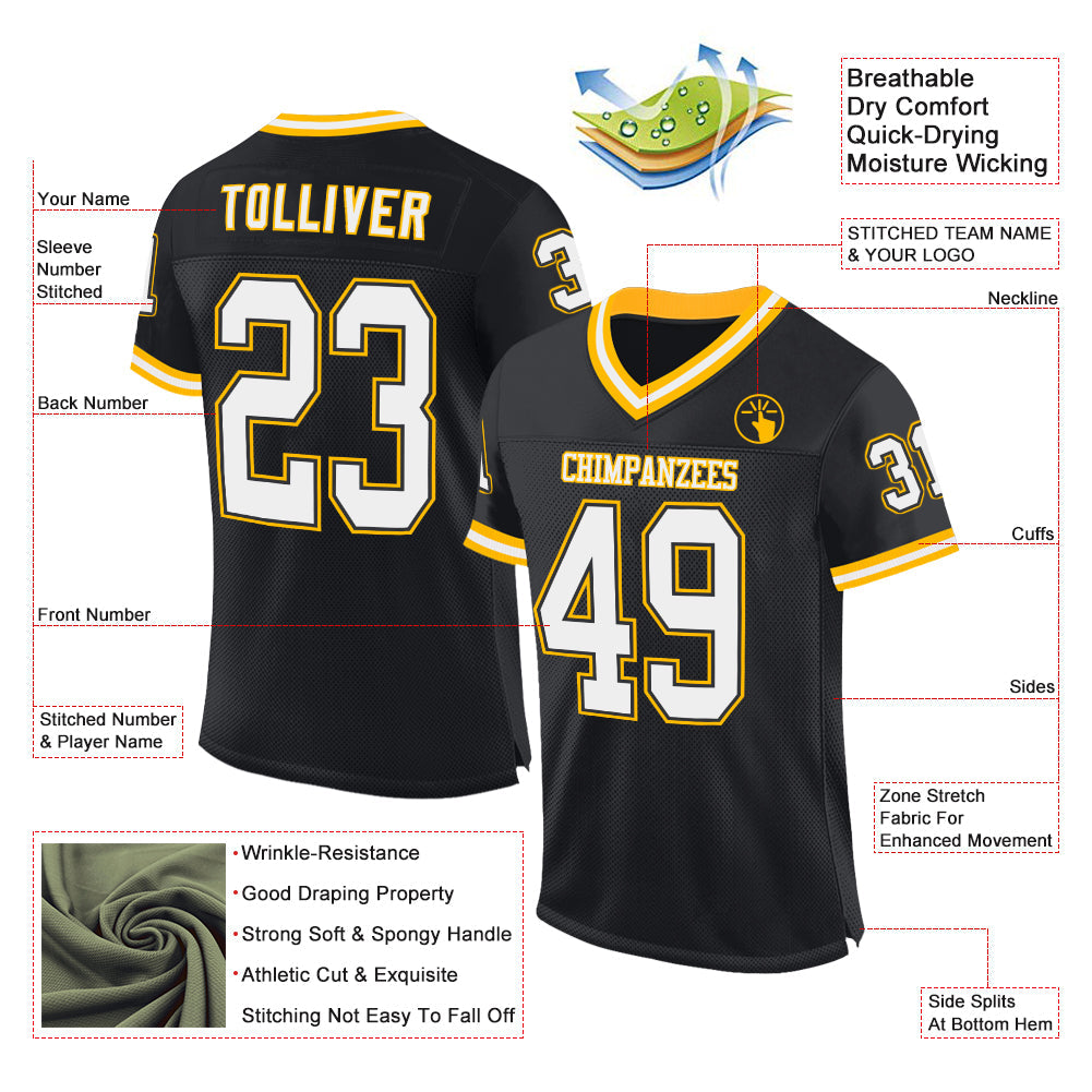 Custom Black White-Gold Mesh Authentic Throwback Football Jersey - Sky-Custom