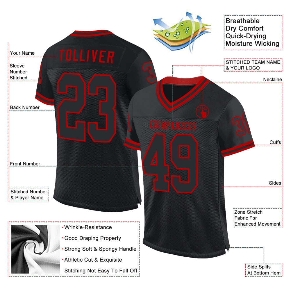Custom Black Red Mesh Authentic Throwback Football Jersey - Sky-Custom