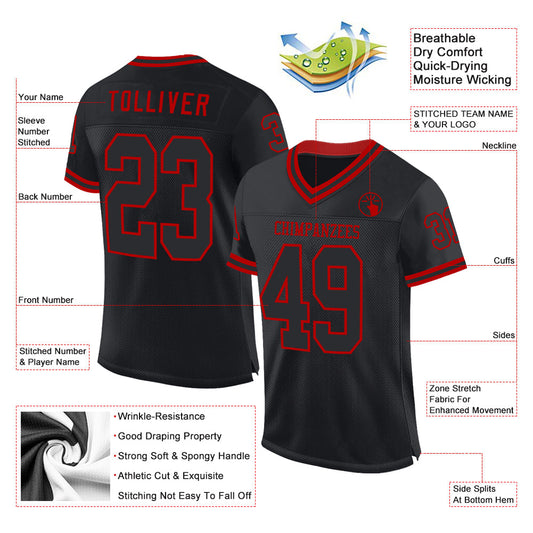 Custom Black Red Mesh Authentic Throwback Football Jersey - Sky-Custom