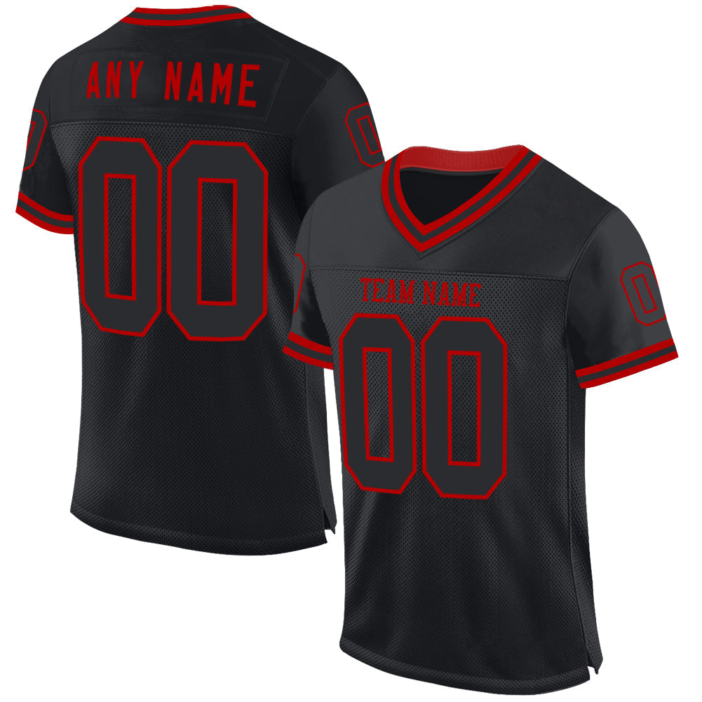 Custom Black Red Mesh Authentic Throwback Football Jersey - Sky-Custom
