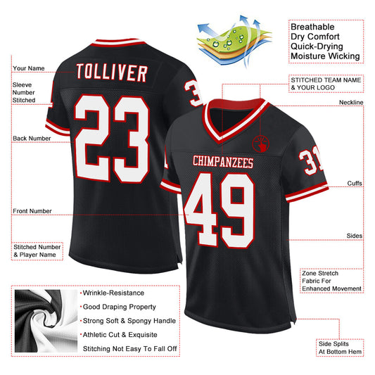 Custom Black White-Red Mesh Authentic Throwback Football Jersey - Sky-Custom