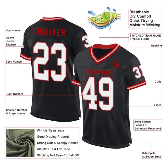 Custom Black Gray-Red Mesh Authentic Throwback Football Jersey - Sky-Custom