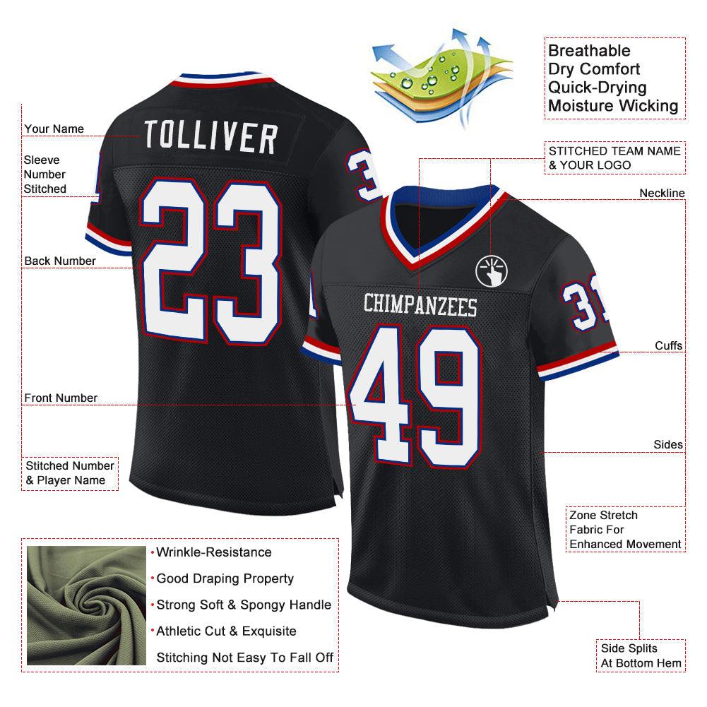 Custom Black Royal-Red Mesh Authentic Throwback Football Jersey - Sky-Custom
